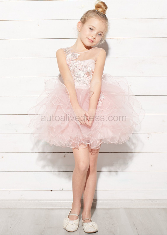 Blush Pink Lace Tulle Keyhole Corset Back Flower Girl Dress